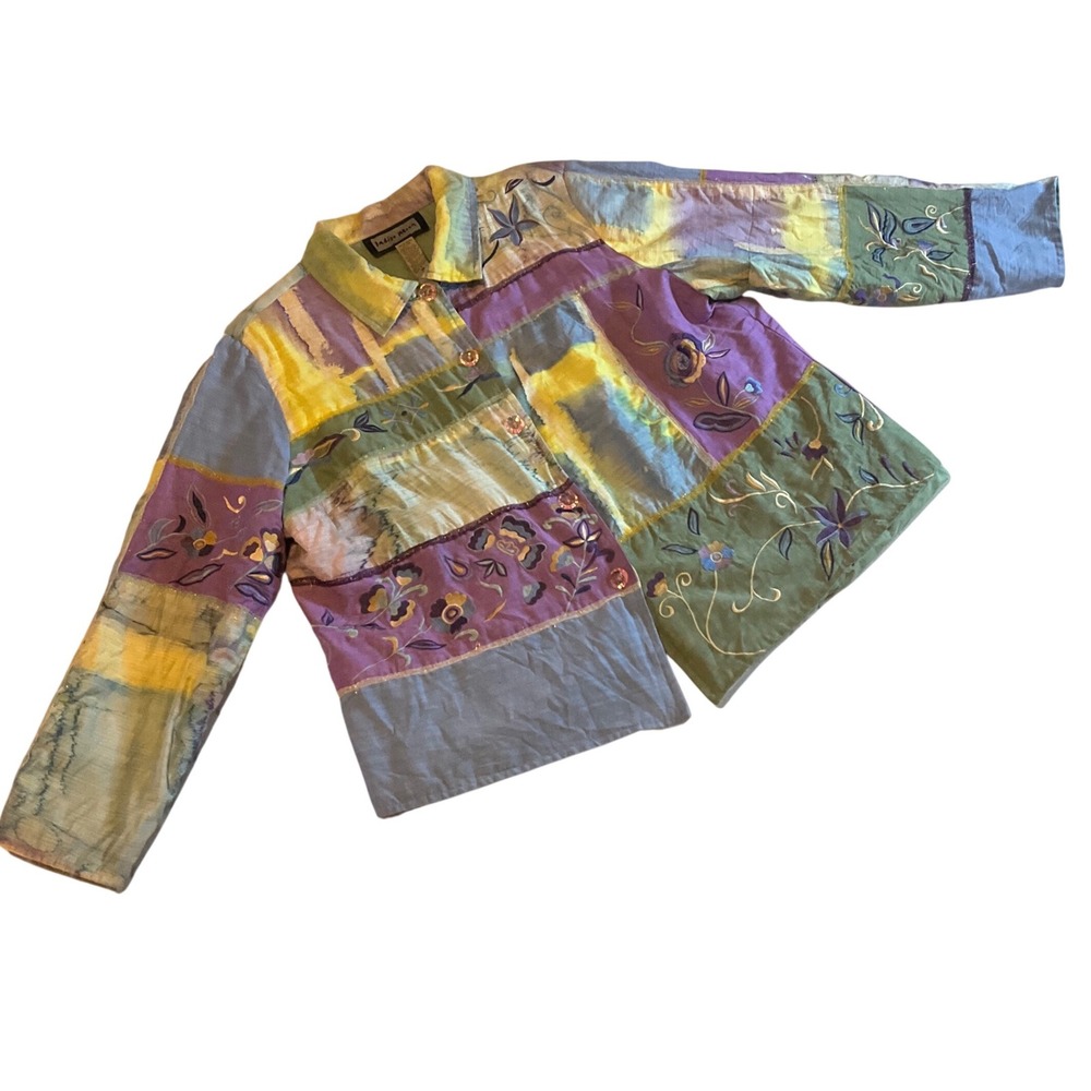 Indigo Moon Patchwork Embroidered Jacket Women's 1X Blue Purple‎ Green Floral